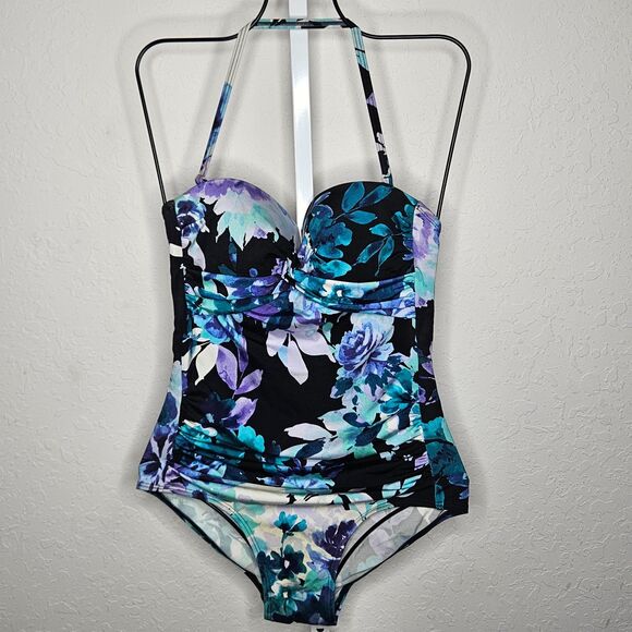 Calvin Klein One Piece Swimsuit Floral Print Halter Black Purple Blue Size 8 - Picture 1 of 4